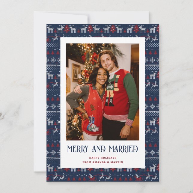 Blue Red Ugly Sweater Merry and Married Photo Holiday Card (Front)
