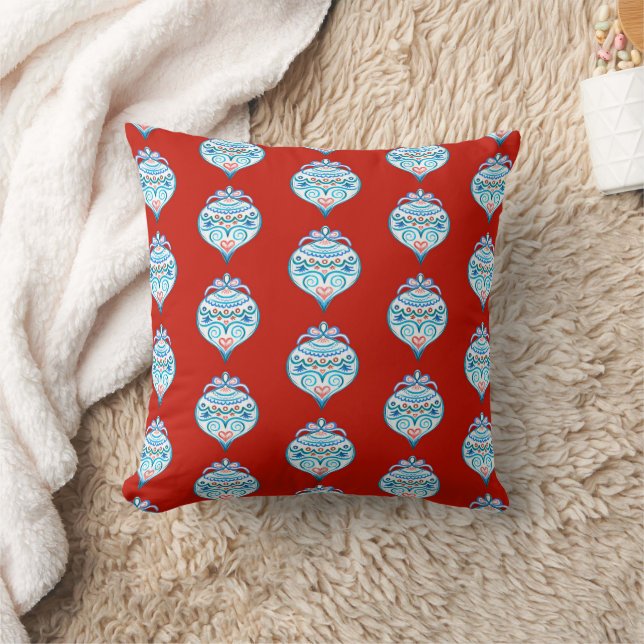 Blue Red vintage Christmas bauble Throw Pillow (Blanket)