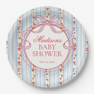 Blue & Red Vintage Fancy Floral Baby Shower Paper Plate