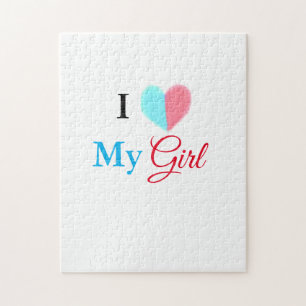 Blue red watercolor heart I love my girl name Jigsaw Puzzle