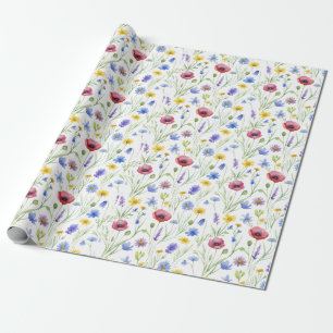 Blue Red Watercolor Wildflower Wrapping Paper