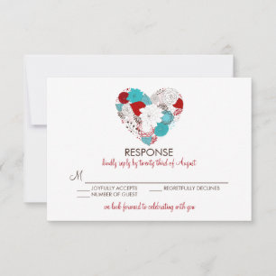 Blue Red Whimsical Floral Heart Wedding RSVP Card
