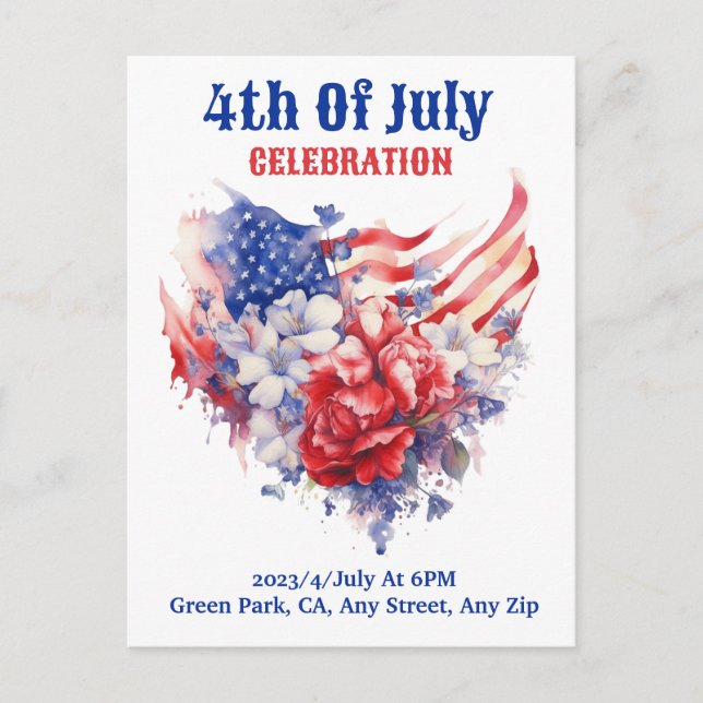 Blue Red White 4th of July watercolor Postcard (Front)