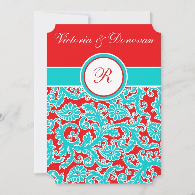 Blue Red White Damask Monogram Wedding Invitation (Front)