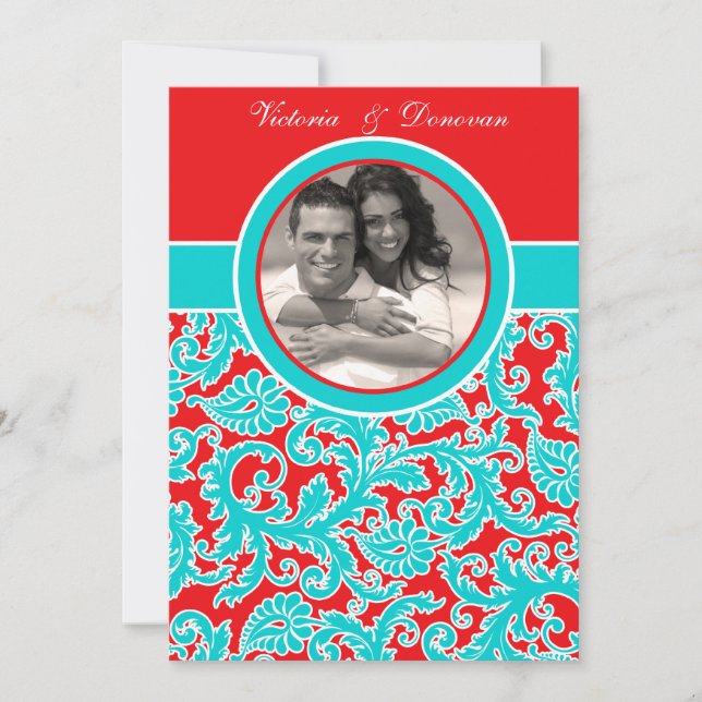 Blue Red White Damask Photo Wedding Invitation (Front)