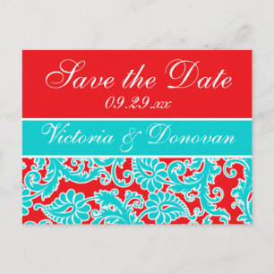 Blue Red White Damask Save the Date Postcard