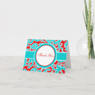 Blue Red White Damask Thank You Note Card