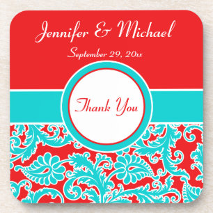 Blue, Red, White Damask Wedding Coaster Set (6)