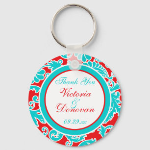 Blue Red White Damask Wedding Favour Keychain