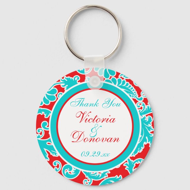 Blue Red White Damask Wedding Favour Keychain (Front)