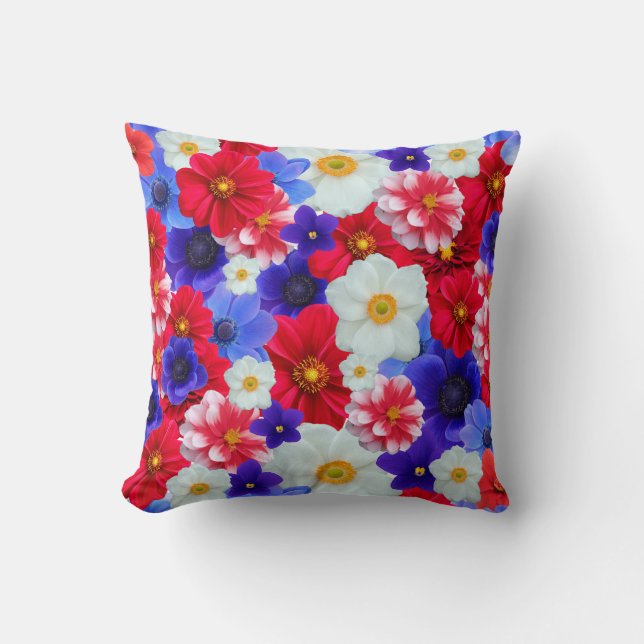 Blue, Red, White Flower Pattern Design Throw Pillo Cushion (Front)