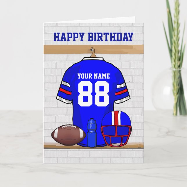 Blue Red White Football Jersey Happy Birthday Card (Front)