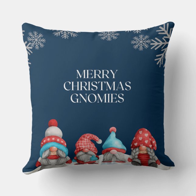 Blue Red White Gnomes Pun and Snowflakes Christmas Cushion (Back)