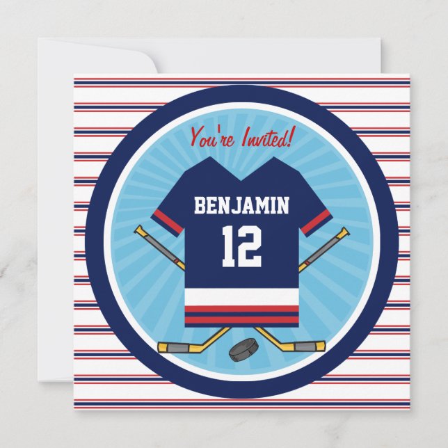 Blue Red White Ice Hockey Jersey Birthday Party Invitation (Front)