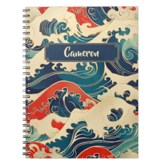 Blue Red White Japanese Ocean Wave Traditional Art Notebook