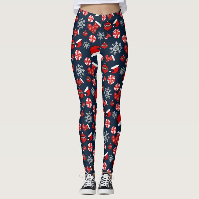 Blue Red White Merry Christmas Leggings  (Front)
