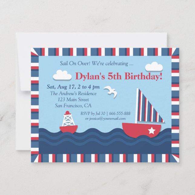 Blue Red White Nautical Theme Birthday Party Invitation (Front)