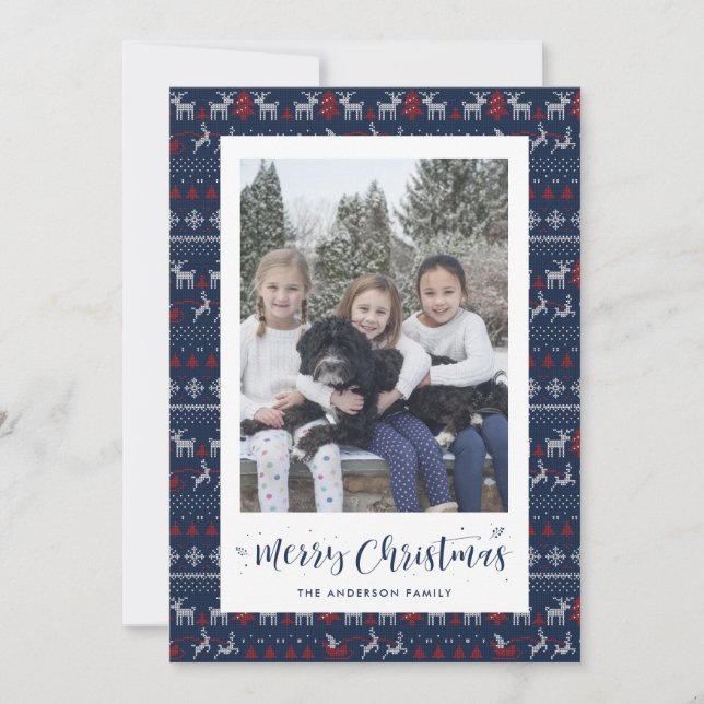 Blue Red White Santa Claus Photo Christmas Cards (Front)