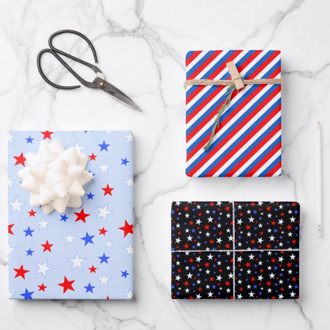 Blue Red White Stars and Stripes Wrapping Paper Sheet (Front)