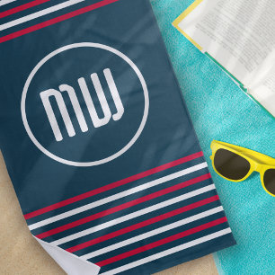 Blue Red White Stripe Nautical Monogram Beach Towel