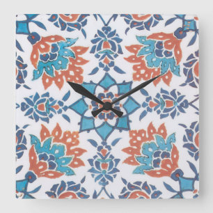 Blue Red White Vintage Floral Art Tile Square Wall Clock