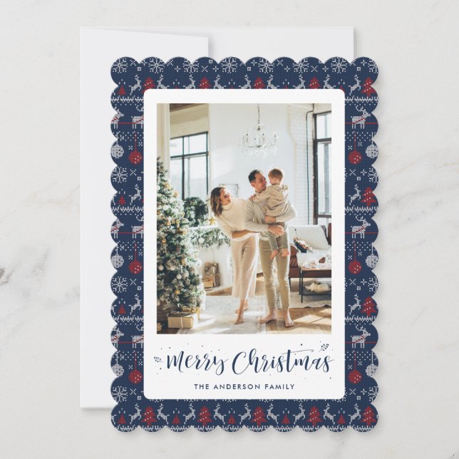 Blue Red White Winter Pattern Photo Christmas Card (Front)