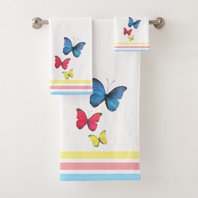 Blue Red Yellow Butterflies Bath Towel Set (Insitu)