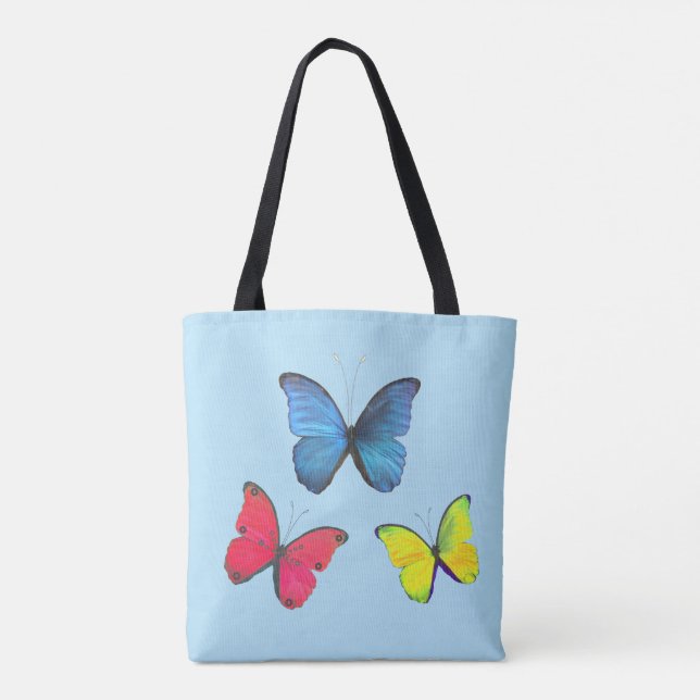 Blue Red & Yellow Butterflies on Light Blue Tote Bag (Back)