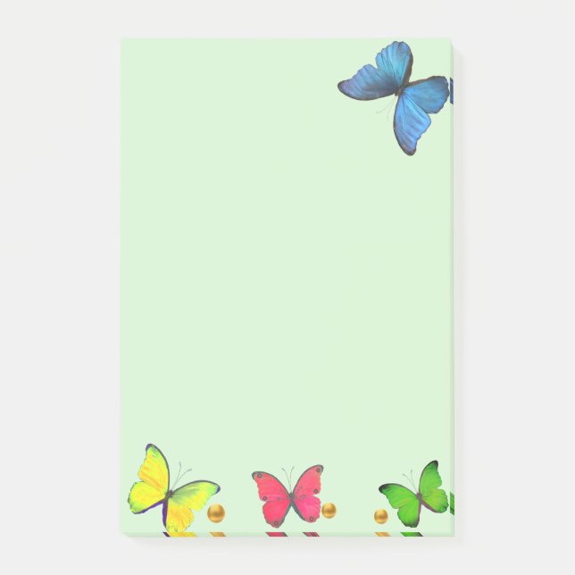 Blue Red & Yellow Butterflies on Light Green Post-it Notes (Front)