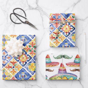 Blue Red Yellow Floral Abstract Cinco de Mayo Wrapping Paper Sheet