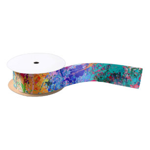 Blue Red Yellow Green Pink Teal Splash Abstraction Satin Ribbon
