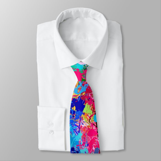 Blue Red Yellow Green Pink Teal Splash Abstraction Tie (Tied)