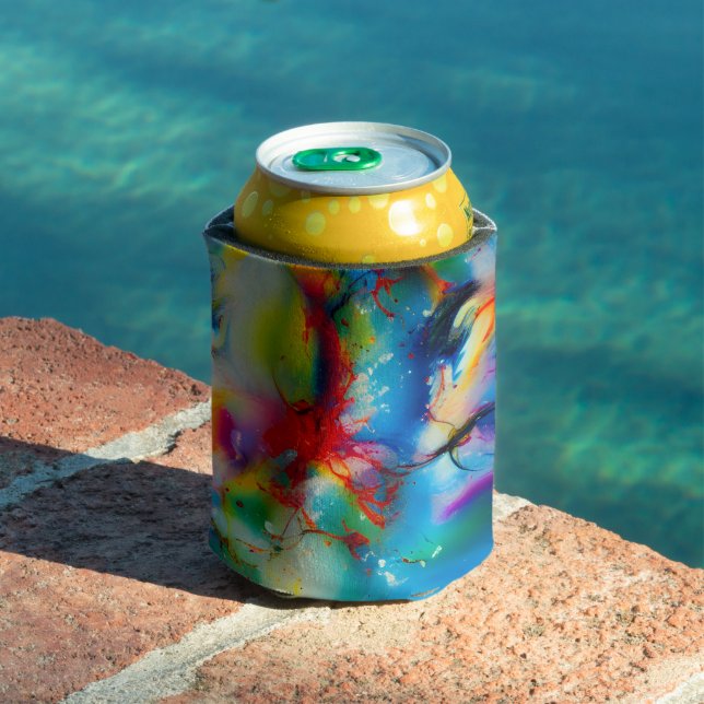 Blue Red Yellow Green Watercolor Abstraction Can Cooler (In Situ Pool)