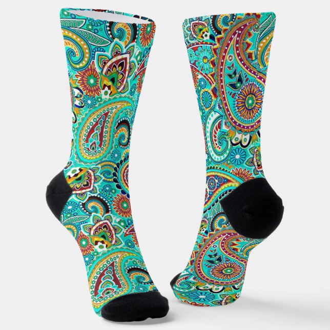 Blue Red Yellow Paisley Socks (Angled)