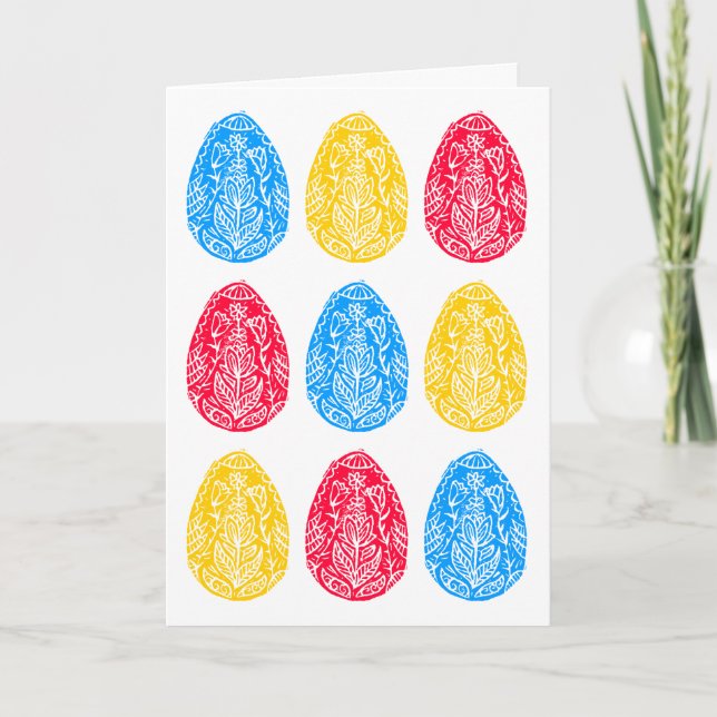 Blue/Red/Yellow Rustic Floral Easter Egg Linocut Card (Front)