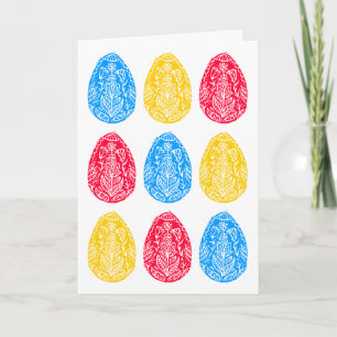 Blue/Red/Yellow Rustic Floral Easter Egg Linocut Card