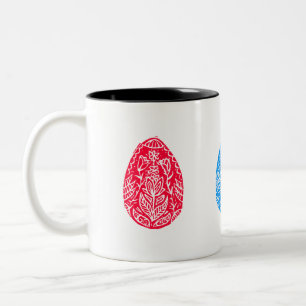Blue/Red/Yellow Rustic Floral Easter Egg Linocut Two-Tone Coffee Mug