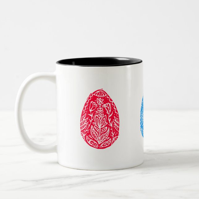 Blue/Red/Yellow Rustic Floral Easter Egg Linocut Two-Tone Coffee Mug (Left)
