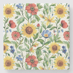 Blue Red Yellow Sunflowers Italian Floral Stone Coaster