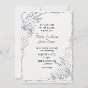 Blue Reed Botanical Line Art Minimal Invitation