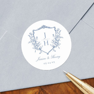 Blue Regency Floral Crest Monogram Wedding Classic Round Sticker