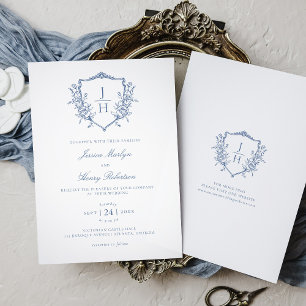 Blue Regency Floral Crest Monogram Wedding  Invitation