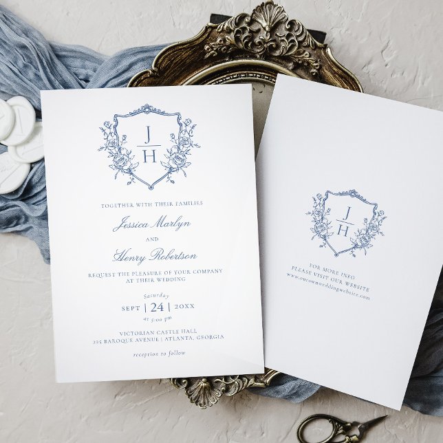 Blue Regency Floral Crest Monogram Wedding  Invitation (Creator Uploaded)