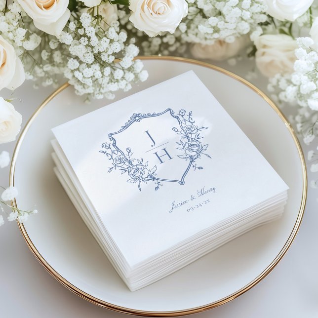 Blue Regency Floral Crest Monogram Wedding  Napkin (Creator Uploaded)