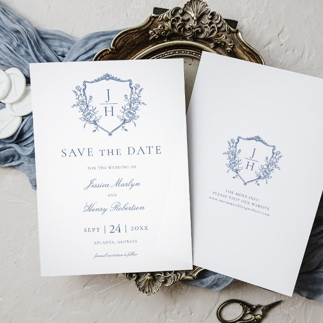 Blue Regency Floral Crest Monogram Wedding  Save The Date (Creator Uploaded)
