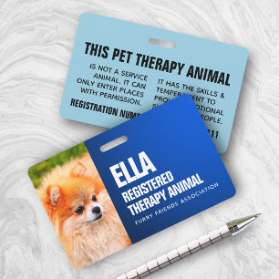 Blue Registered Therapy Animal Custom Photo ID ID Badge