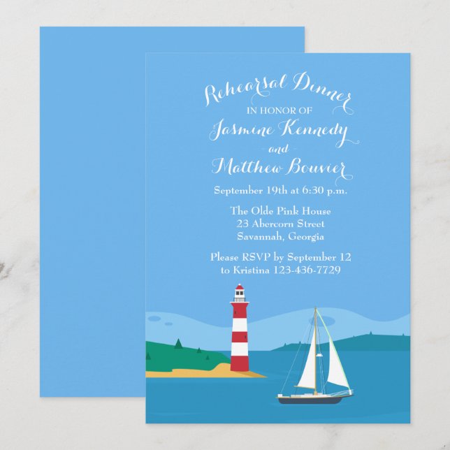 Blue Rehearsal Dinner Nautical Lighthouse Sailboat Invitation (Front/Back)