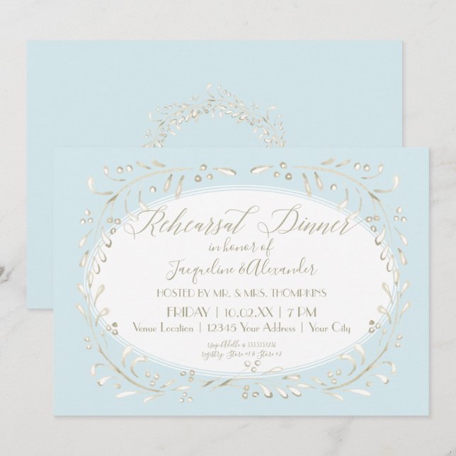 Blue Rehearsal Dinner Simple Watercolor Leaves Art Invitation (Front/Back)