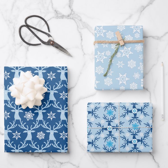 Blue Reindeer Christmas Pattern Wrapping Paper Sheet (Front)