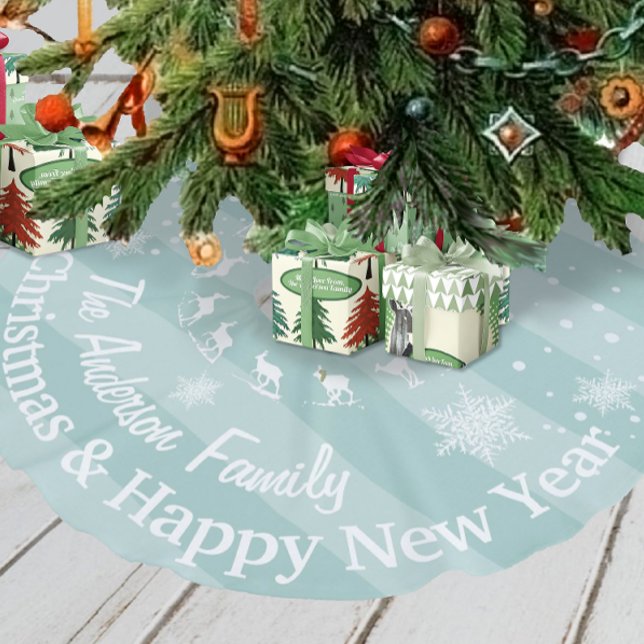 Blue Reindeer Forest Christmas Personalised Faux Linen Tree Skirt (Creator Uploaded)